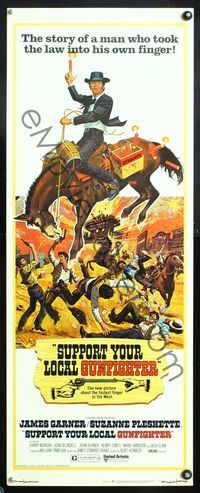 5r592 SUPPORT YOUR LOCAL GUNFIGHTER insert '71 wacky art of cowboy James Garner on donkey!