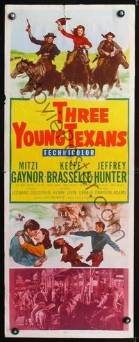 5r626 THREE YOUNG TEXANS insert '54 art of Mitzi Gaynor, Keefe Brasselle & Jeff Hunter on horses!