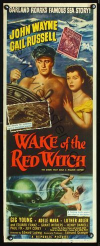 5r668 WAKE OF THE RED WITCH insert '49 art of barechested John Wayne & Gail Russell at ship wheel!