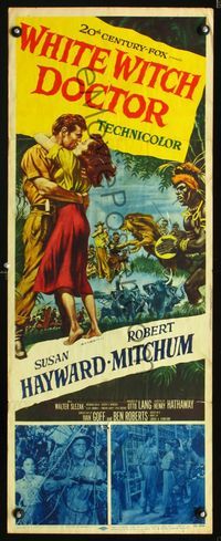 5r683 WHITE WITCH DOCTOR insert '53 art of Susan Hayward & Robert Mitchum in African jungle!