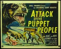 5s040 ATTACK OF THE PUPPET PEOPLE 1/2sh '58 great art of tiny people with knife attacking dog!