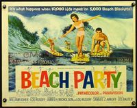 5s054 BEACH PARTY 1/2sh '63 art of Frankie Avalon & Annette Funicello riding a wave on surf boards!