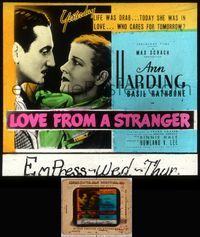 5v035 LOVE FROM A STRANGER glass slide '37 c/u of Basil Rathbone & Ann Harding, Agatha Christie