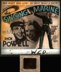 5v054 SINGING MARINE glass slide '37 close up of singing Dick Powell & pretty Doris Weston!