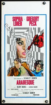5w462 ARABESQUE Italian locandina R70s Gregory Peck, sexy Sophia Loren, ultra mod, ultra mad mystery