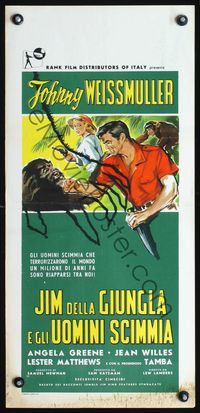 5w587 JUNGLE JIM IN THE FORBIDDEN LAND Italian locandina '59 art of Johnny Weissmuller w/knife!