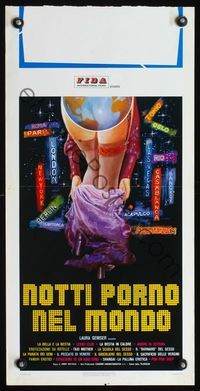 5w636 NOTTI PORNO NEL MONDO Italian locandina '77 Laura Gemser, wild artwork of disrobing woman!
