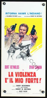 5w690 SHAMUS Italian locandina '73 art of Burt Reynolds with two pistols, a pro that never misses!
