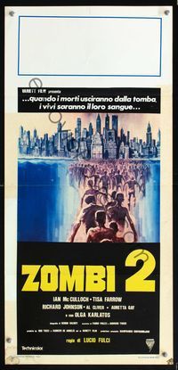 5w758 ZOMBI 2 Italian locandina '79 Lucio Fulci, cool art of zombie horde heading to New York City!