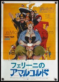 5w029 AMARCORD Japanese '74 Federico Fellini classic comedy, wacky art of entire cast!