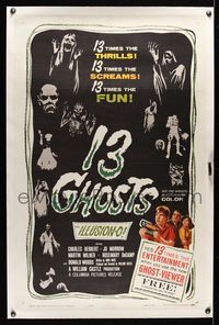 5z003 13 GHOSTS black style linen 1sh '60 William Castle, great art of all the spooks, ILLUSION-O!