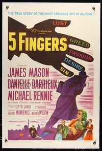 5z007 5 FINGERS linen 1sh '52 James Mason, Danielle Darrieux, true story of the most fabulous spy!
