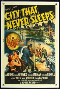 5z075 CITY THAT NEVER SLEEPS linen 1sh '53 great art of gunfight under elevated train in Chicago!