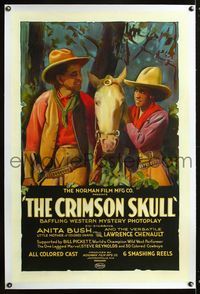 5z081 CRIMSON SKULL linen 1sh '21 great stone litho of cowboys Anita Bush & Lawrence Chenault!