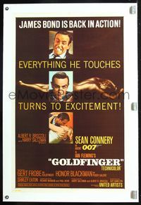 5z143 GOLDFINGER linen 1sh '64 three great images of Sean Connery as James Bond 007!