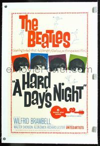 5z158 HARD DAY'S NIGHT linen 1sh '64 great image of The Beatles, rock & roll classic!