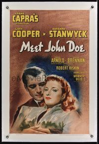 5z234 MEET JOHN DOE linen 1sh '41 c/u art of Gary Cooper & Barbara Stanwyck, directed by Frank Capra