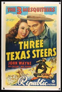 5z359 THREE TEXAS STEERS linen 1sh '39 portrait of John Wayne as one of the Three Mesquiteers!