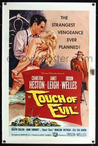 5z363 TOUCH OF EVIL linen 1sh '58 art of Orson Welles, Charlton Heston & Janet Leigh by Bob Tollen!