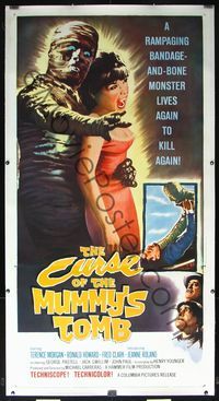 6a133 CURSE OF THE MUMMY'S TOMB linen 3sh '64 rampaging bandage & bone monster lives again to kill!