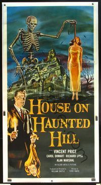 6a138 HOUSE ON HAUNTED HILL linen 3sh '59 classic art of Vincent Price & skeleton with hanging girl!