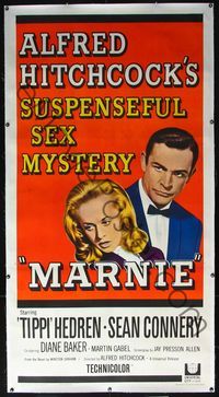 6a141 MARNIE linen 3sh '64 Sean Connery & Tippi Hedren, Alfred Hitchcock's suspenseful sex mystery!