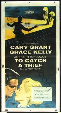 6a149 TO CATCH A THIEF linen 3sh '55 romantic c/u art of Grace Kelly & Cary Grant, Alfred Hitchcock