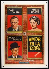 6a258 LOVE IN THE AFTERNOON linen Argentinean '57 different art of Cooper, Hepburn & Chevalier!