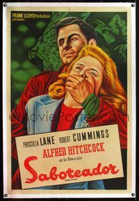 6a259 SABOTEUR linen Argentinean '42 Hitchcock, different art of Cummings w/hand over Lane's mouth!