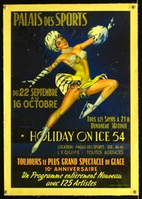 6a421 HOLIDAY ON ICE linen Belgian '54 art of sexiest barely-dressed ice skater in mid-air!