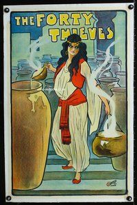 6a187 FORTY THIEVES linen English stage play poster c1900-1910 cool full-length art of female lead!
