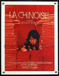 6a267 LA CHINOISE linen French 23x30 '67 Jean-Luc Godard, close up of Juliet Berto pointing gun!