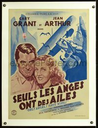 6a274 ONLY ANGELS HAVE WINGS linen French 23x32 '39 art of Cary Grant & Jean Arthur by Noel!