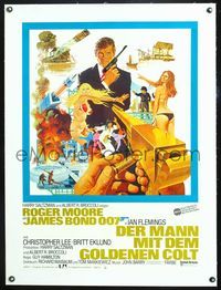 6a228 MAN WITH THE GOLDEN GUN linen German '74 art of Roger Moore as James Bond by Robert McGinnis!