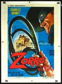 6a392 ZORRO RIDER OF VENGEANCE linen Italian 1p '68 different art of masked hero w/whip by Franco!