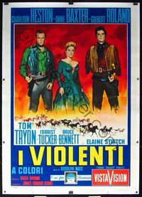6a375 THREE VIOLENT PEOPLE linen Italian 2p '56 art of Charlton Heston, Baxter & Roland by Nistri!