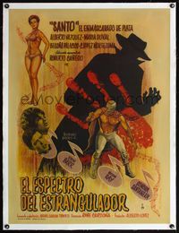 6a174 EL ESPECTRO DEL ESTRANGULADOR linen Mexican poster '66 art of masked wrestler & shadow man!