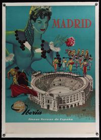 6a201 IBERIA MADRID linen Spanish travel poster '60 art of sexy girl & matadors by arena by Goros!