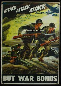 6a033 ATTACK ATTACK ATTACK war poster '42art of soldiers advancing & airplanes by Ferdinand Warren!