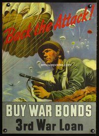 6a039 BACK THE ATTACK! war bonds poster '43 Schreiber art of paratroopers over soldier w/gun!