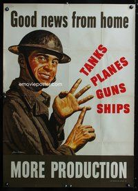6a034 GOOD NEWS FROM HOME war poster '42 more production of tanks, planes, guns, and ships!