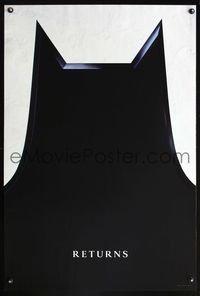 6b065 BATMAN RETURNS teaser cowl 1sh '92 Michael Keaton, Danny DeVito, Michelle Pfeiffer!