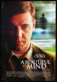 6b069 BEAUTIFUL MIND DS 1sh '01 Ron Howard directed, great close up image of Russell Crowe!