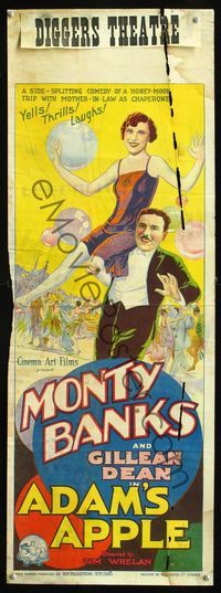 6c002 ADAM'S APPLE long Aust daybill '28 Monty Banks, cool stone litho circus artwork!