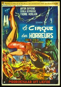 6c578 CIRCUS OF HORRORS Belgian '60 outrageous horror art of sexy trapeze girl hanging by neck!