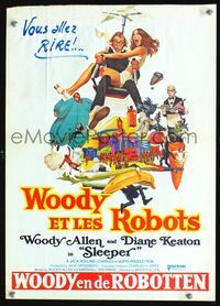 6c704 SLEEPER Belgian '74 Woody Allen, Diane Keaton, wacky futuristic sci-fi comedy art by McGinnis