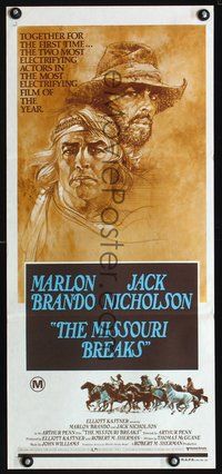 6d332 MISSOURI BREAKS Aust daybill '76 art of Marlon Brando & Jack Nicholson by Bob Peak!