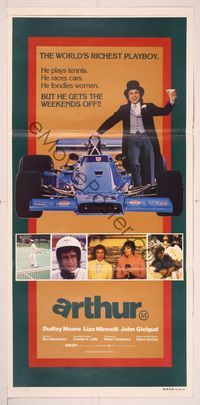 6d052 ARTHUR Aust daybill '81 drunk Dudley Moore w/formula one car & holding martini!