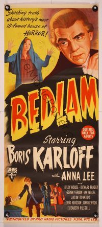 6d063 BEDLAM Aust daybill '46 artwork of madman Boris Karloff, produced by Val Lewton!