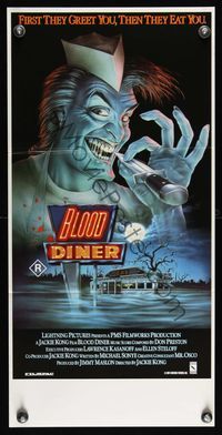 6d073 BLOOD DINER Aust daybill '87 Jackie Kong directed, great Morrison art of cannibal cook!